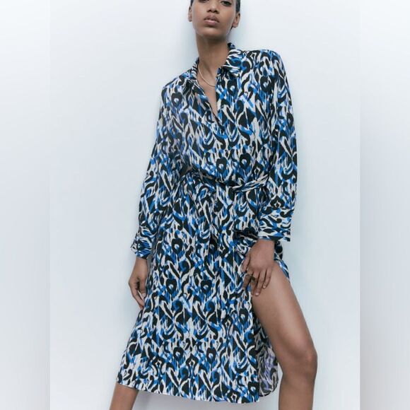 ZARA Printed Shirt Dress Blue New - Picture 6 of 15